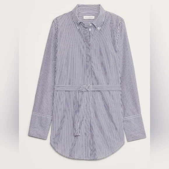 Banana Republic Cotton Poplin Belted Tunic Shirt Navy Stripe-Medium - Picture 4 of 9
